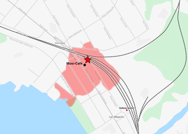 Area of derailment, fires, and explosions