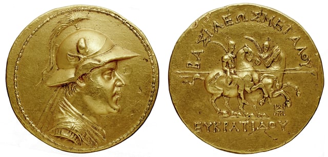 Gold 20-stater of Eucratides, the largest gold coin of Antiquity. The coin weighs 169.2 grams, and has a diameter of 58 millimeters.