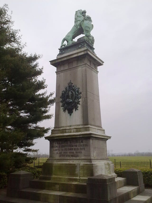 Brunswick Monument in Baisy-Thy. The German caption reads : Frederick-William Duke of Brunswick and Luneburg fought ahead of his troops and fell not far from this place on 16 June 1815.