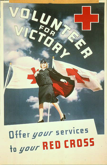 A World War II-era poster encouraged American women to volunteer for the Red Cross as part of the war effort.