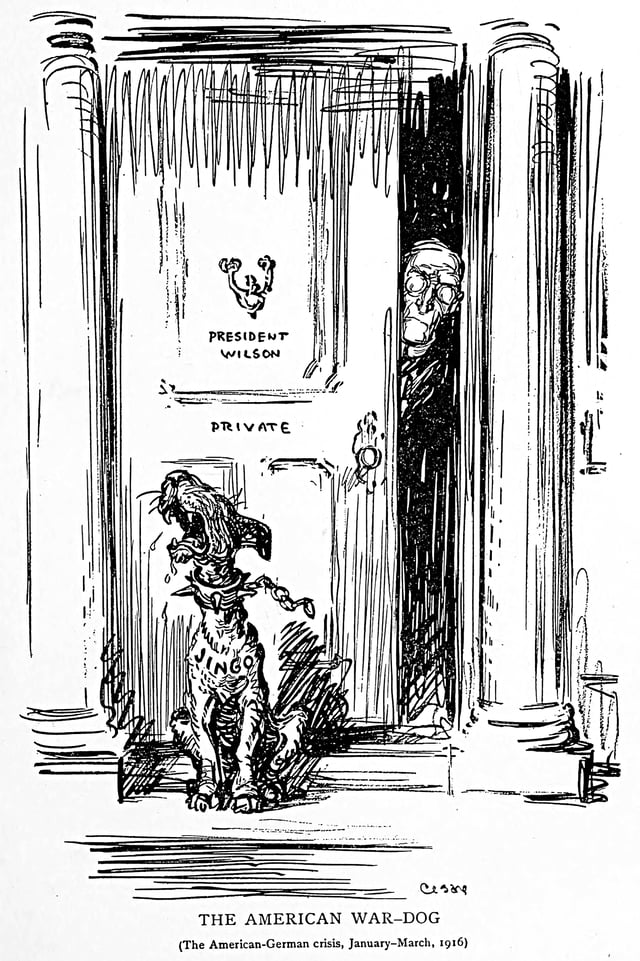 Wilson and "Jingo", the American War Dog. The editorial cartoon ridicules jingoes baying for war.