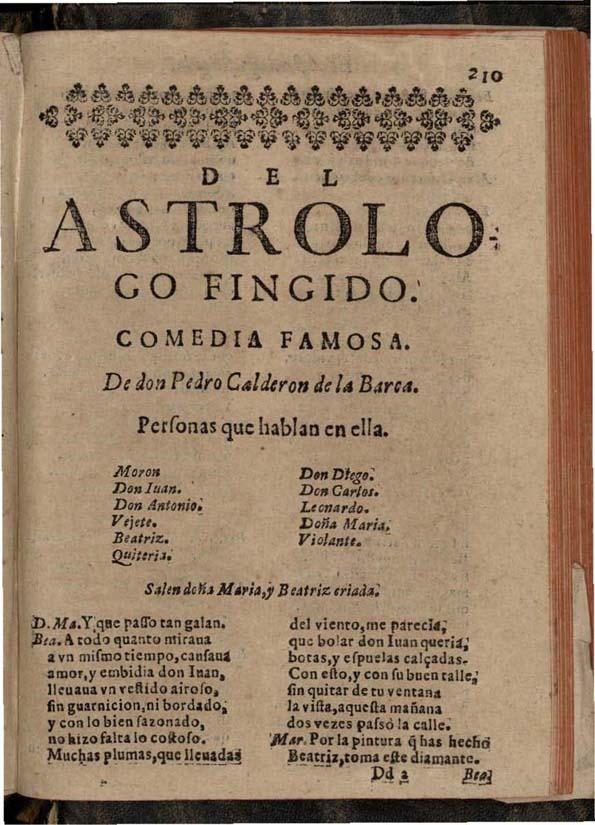 Title page of Calderón de la Barca's Astrologo Fingido, Madrid, 1641