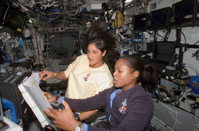 Joan E. Higginbotham and Sunita L. Williams work the controls of the Space Station Remote Manipulator System in the Destiny laboratory.