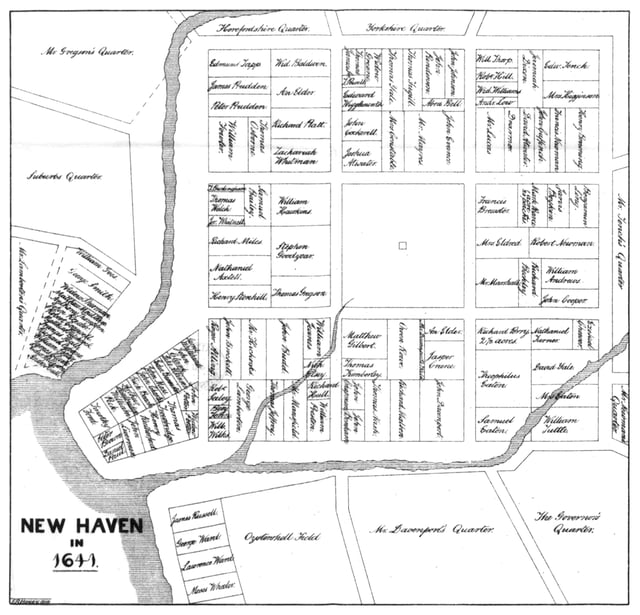 The 1638 nine-square plan, with the extant New Haven Green at its center, continues to define New Haven's downtown