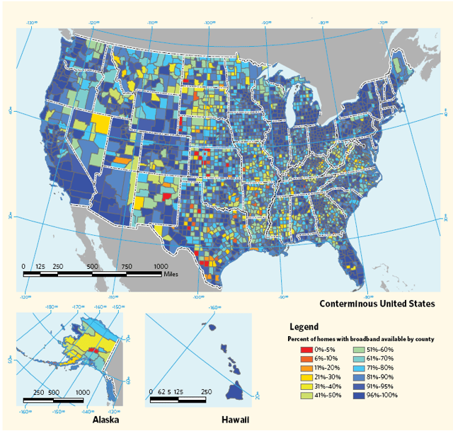 Federal Communications Commission (FCC) map showing the availability of broadband internet access in the U.S.