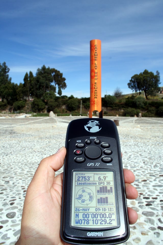 GPS reading taken on the Equator close to the Quitsato Sundial, at Mitad del Mundo, Ecuador