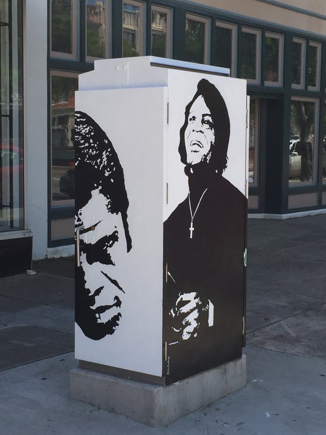 This traffic box public art was commissioned to be painted in tribute to Brown in 2015. Ms. Robbie Pitts Bellamy is the artist.