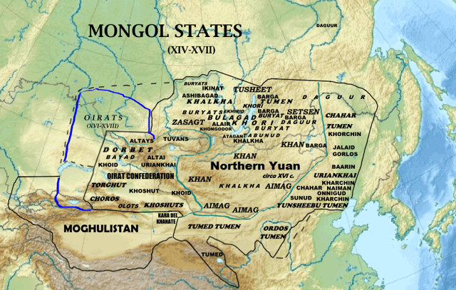 Mongol states, 14th–17th century: 1.Northern Yuan dynasty 2. Four Oirat. 3.Moghulistan 4.Qara Del