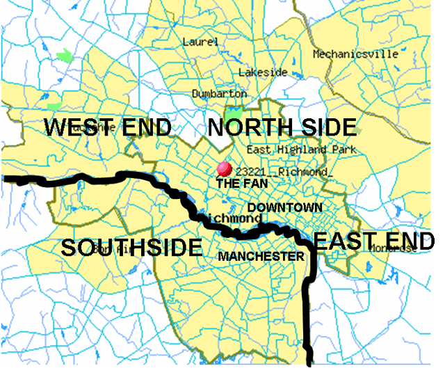 Richmond is often subdivided into North Side, Southside, East End, and West End