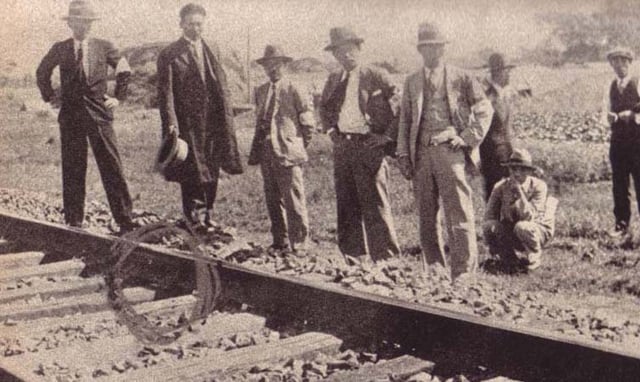 Japanese experts inspect the scene of the 'railway sabotage' on South Manchurian Railway, leading to the Mukden Incident and the Japanese occupation of Manchuria.