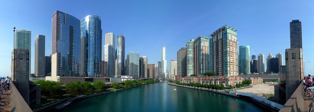 The Chicago River is the south border of the Near North Side (right) and the north border of the Loop; the Loop's Near East Side is to the left in this picture.