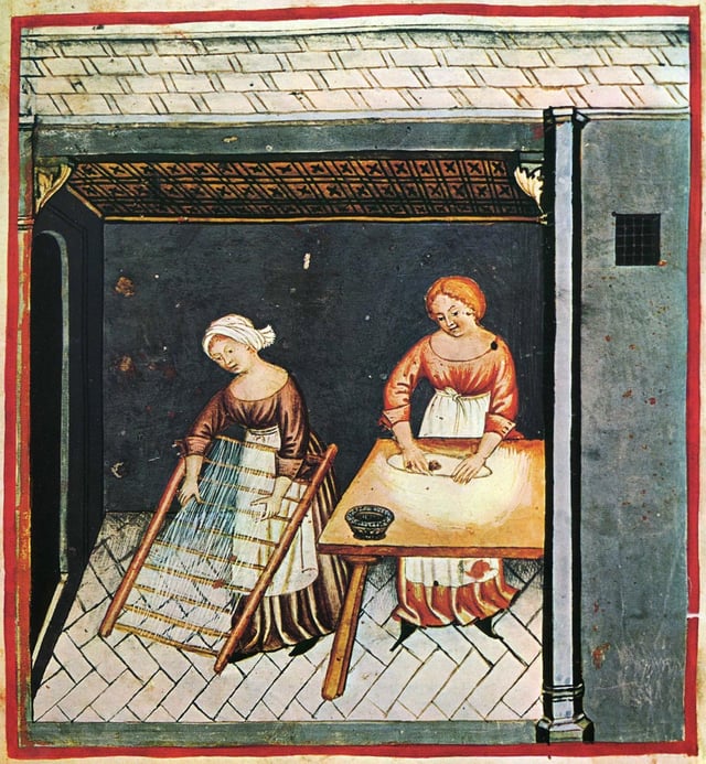 Making pasta; illustration from the 15th century edition of Tacuinum Sanitatis, a Latin translation of the Arabic work Taqwīm al-sihha by Ibn Butlan.
