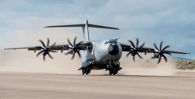 RAF A400M Atlas takes off from a beach in South Wales in May 2017