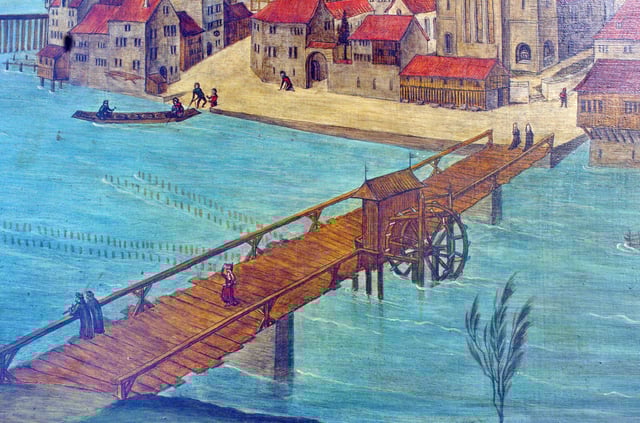 Wooden medieval bridge (Obere Brücke) between Münsterhof/Fraumünster and Grossmünster (Altarbilder by Hans Leu d.Ä., late 15th century)