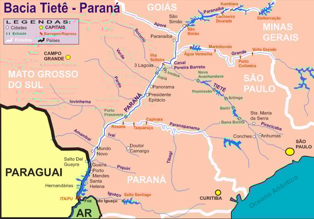 Map of the basin of the high Brazilian Paraná, with details of the source rivers and tributaries