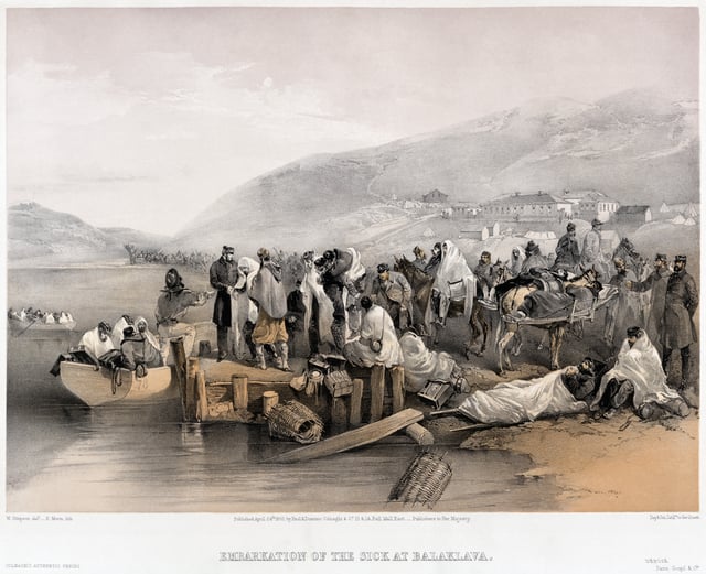 A tinted lithograph by William Simpson illustrating conditions of the sick and injured in Balaklava