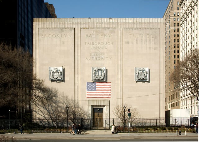 The granite-faced monumental ventilation building on the Manhattan side