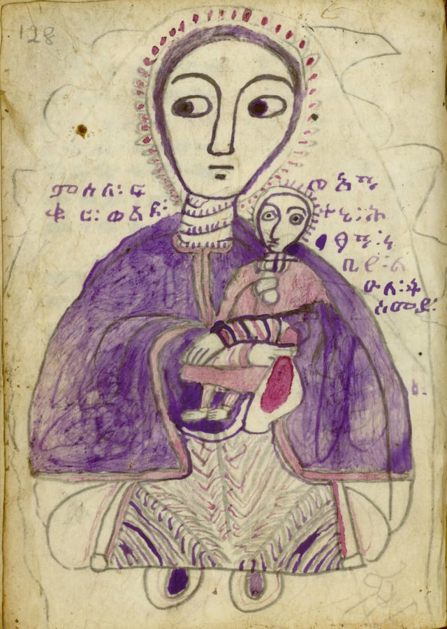 Drawing of Mary, mother of Jesus, 'with her beloved son,' from a Geʽez manuscript copy of Weddasé Māryām, circa 1875.