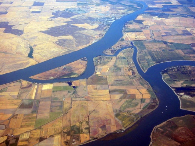 The Sacramento–San Joaquin River Delta viewed from above, with the Sacramento River above and San Joaquin River below