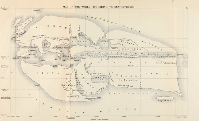 The Hellenistic world view after Alexander: ancient world map of Eratosthenes (276–194 BC), incorporating information from the campaigns of Alexander and his successors.