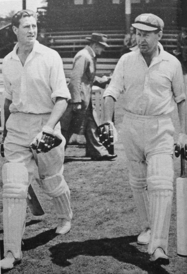 Keith Miller (left) made his maiden Test century and Arthur Morris (right) a hundred in each innings.