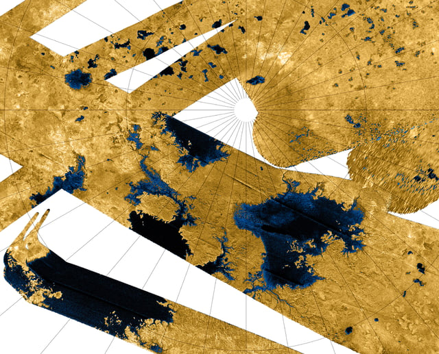 Titan's north polar hydrocarbon seas and lakes as seen in a false-color Cassini synthetic aperture radar mosaic