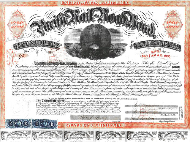 Pacific Railroad Bond, City and County of San Francisco, 1865