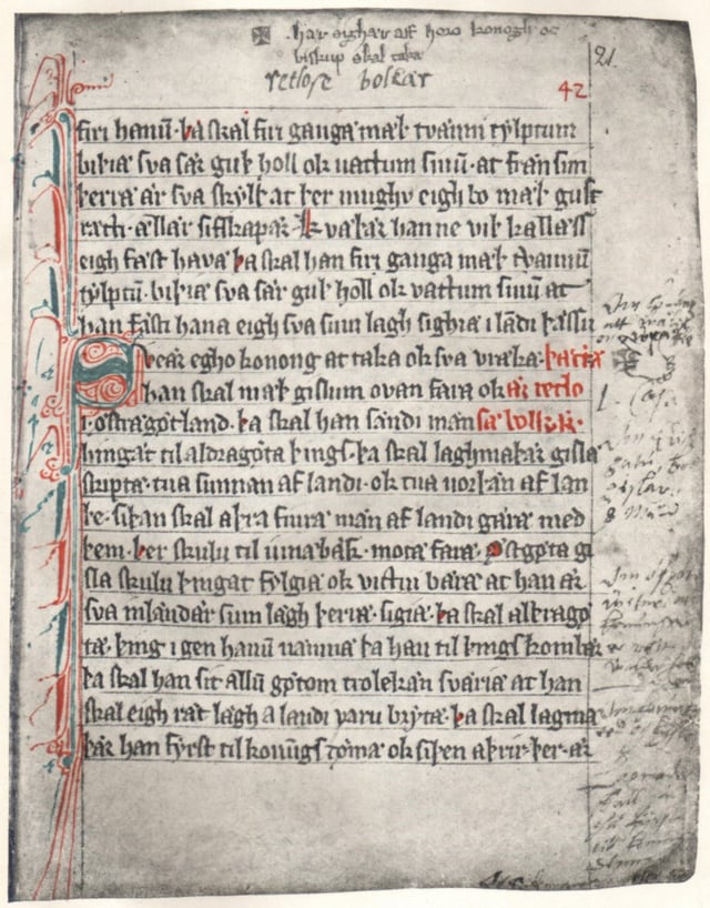 The initial page of the first complete copy of Västgötalagen, the law code of Västergötland, from c. 1280. It is one of the earliest texts in Swedish written in the Latin script.