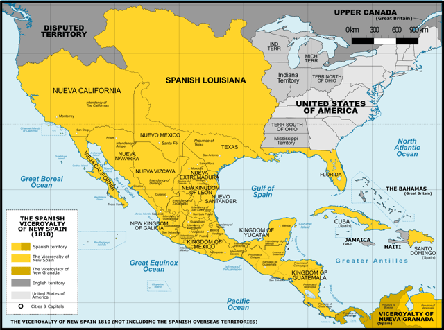 The Viceroyalty of New Spain in 1800. (NOTE: Many boundaries outside of New Spain are shown incorrectly.)