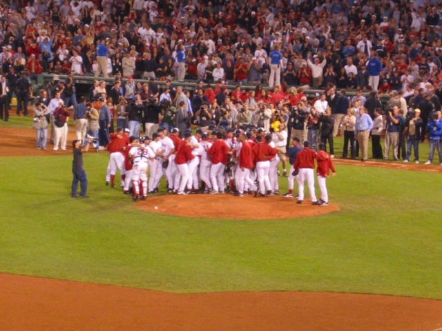 The Red Sox celebrate their clinching of the 2003 AL Wild Card with a victory over the Baltimore Orioles