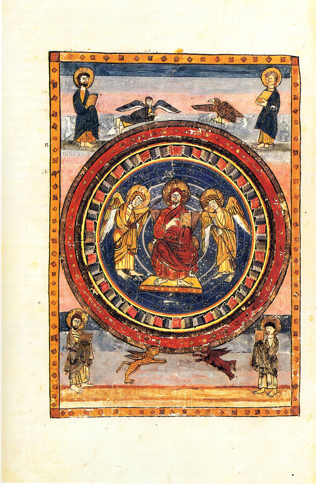 An illumination of Christ in Majesty, surrounded by the Four Evangelists, at the start of the New Testament in the Codex Amiatinus written at Monkwearmouth-Jarrow