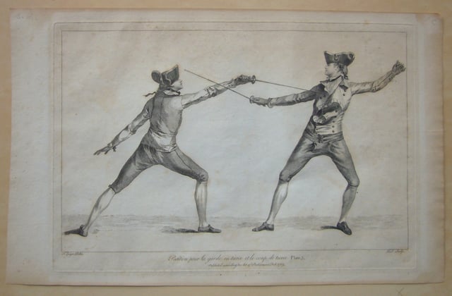 1763 fencing print from Domenico Angelo's instruction book. Angelo was instrumental in turning fencing into an athletic sport.