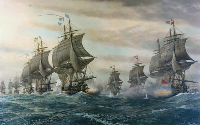 The French (left) and British (right) lines exchange fire at the Battle of the Chesapeake