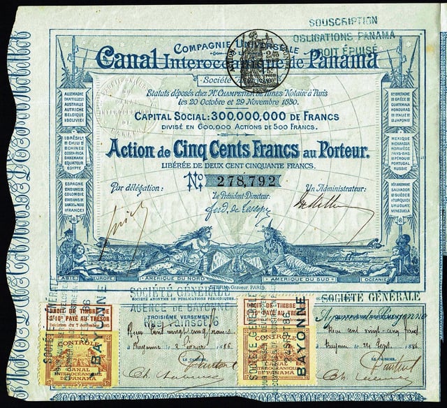 Share of the Compagnie Universelle du Canal Interocéanique de Panama, issued 29. November 1880 - signed by Ferdinand de Lesseps