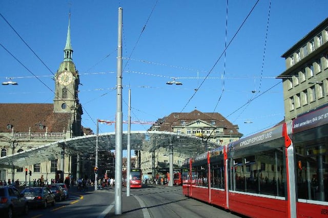 Tram station on the Bahnhofplatz, with the Heiliggeistkirche in the background