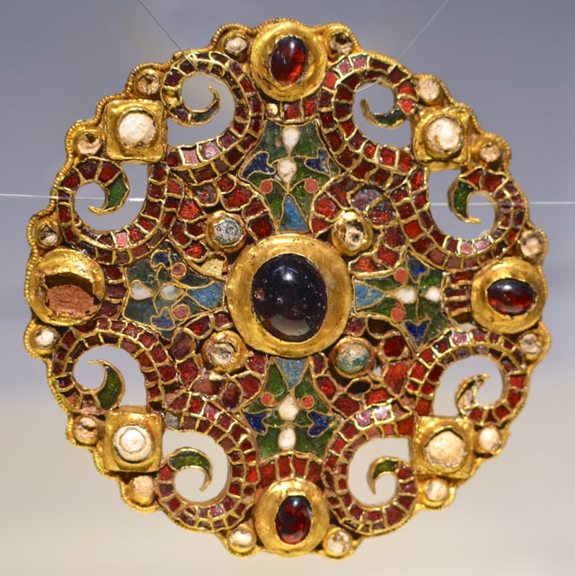 The Dorestad Brooch, Carolingian-style cloisonné jewelry from c. 800. Found in the Netherlands, 1969.