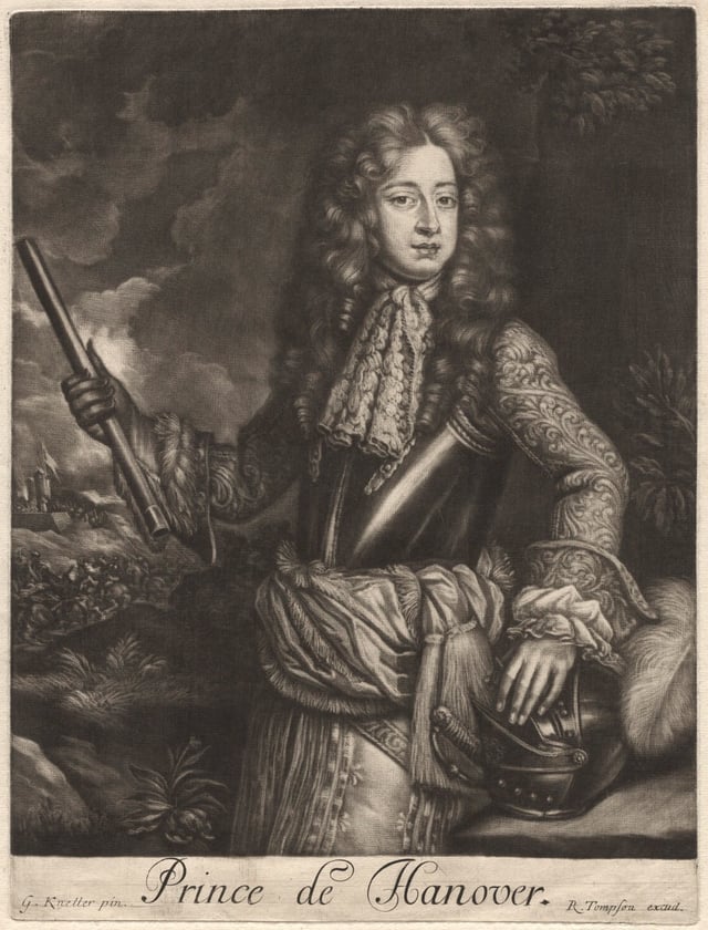 George in 1680, aged 20, when he was Prince of Hanover. After a painting by Sir Godfrey Kneller.