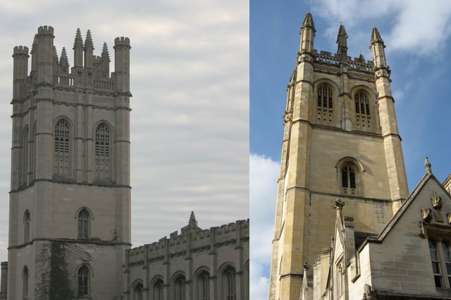 Many older buildings of the University of Chicago employ Collegiate Gothic architecture like that of the University of Oxford. For example, Chicago's Mitchell Tower (left) was modeled after Oxford's Magdalen Tower (right).