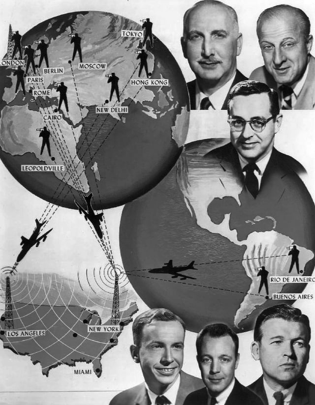 NBC News had close to 700 correspondents and cameramen in 1961 who were stationed throughout the world.  Film was received in the United States by plane or by the jointly operated NBC-BBC transatlantic film cable.
