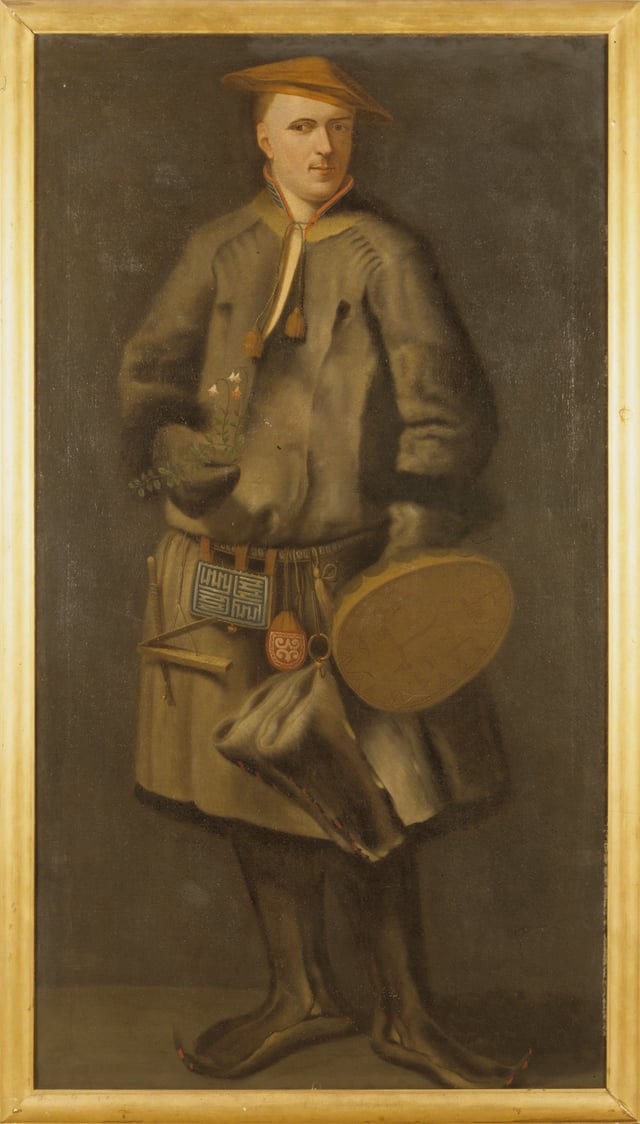 Wearing the traditional dress of the Sami people of Lapland, holding the twinflower, later known as Linnaea borealis, that became his personal emblem. Martin Hoffman, 1737.