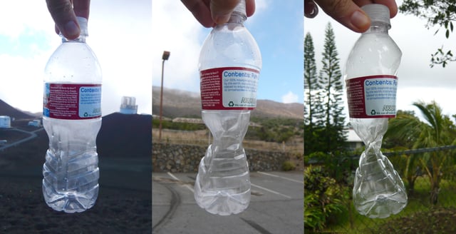 This plastic bottle was sealed at approximately 14,000 feet (4,300 m) altitude, and was crushed by the increase in atmospheric pressure, recorded at 9,000 feet (2,700 m) and 1,000 feet (300 m), as it was brought down towards sea level.