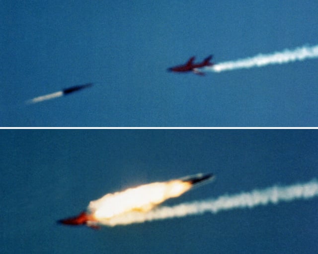A RIM-67 surface to air missile intercepts a Firebee drone at White Sands, 1980.
