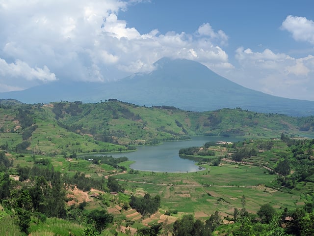 Lake and volcano in the Virunga Mountains