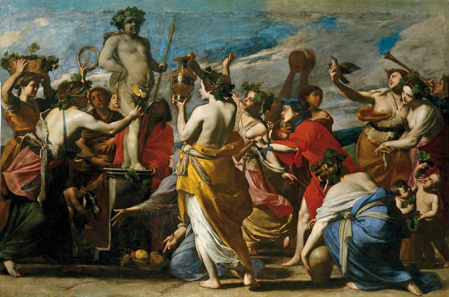 Sacrifice to Bacchus. Oil on canvas by Massimo Stanzione, c. 1634