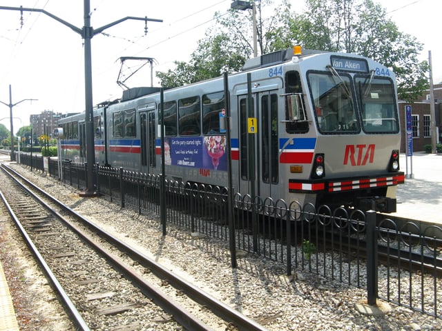 An RTA train arrives at the Shaker Square station.