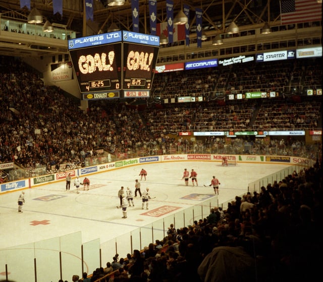 The Toronto Maple Leafs, the primary asset of MLGL for many years, play a home game at the Gardens in 1994