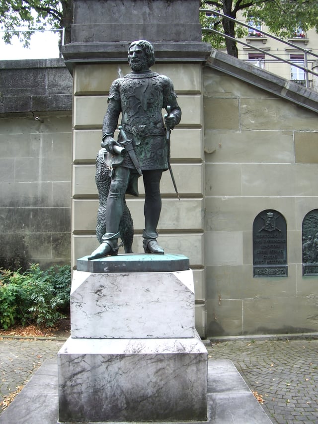 Berthold V, pictured on the Zähringerdenkmal monument in Bern (Karl Emanuel Tscharner, 1847).