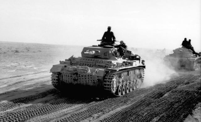 German panzers of the Afrika Korps advancing across the North African desert, 1941