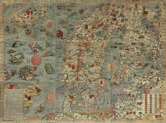 Carta marina, an early map of the Nordic countries, made around end of Kalmar Union and start of Denmark–Norway