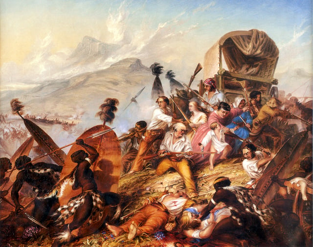 Depiction of a Zulu attack on a Boer camp in February 1838